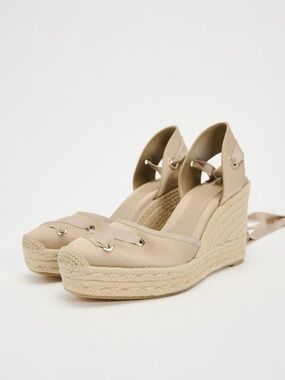NEW -  Zara Womens Beige Espadrille Wedge Ankle-Tie Sandals - Size 10